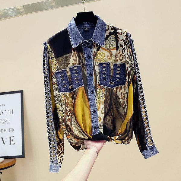 women's blouses & shirts women 's shirt 2021 spring collar printed patchwork top, White
women's blouses & shirts women 's shirt 2021 spring collar printed patchwork top, White