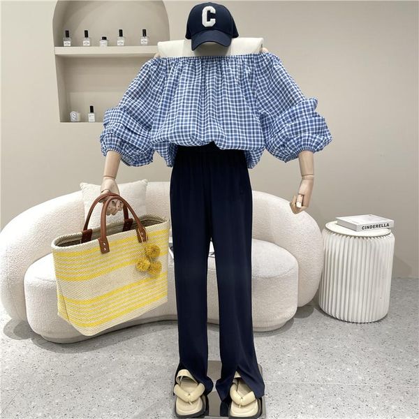 women's two piece pants clothing summer 2021 boat neck ruffle off shoulder plaid shirt + high waist straight split set, White
women's two piece pants clothing summer 2021 boat neck ruffle off shoulder plaid shirt + high waist straight split set, White