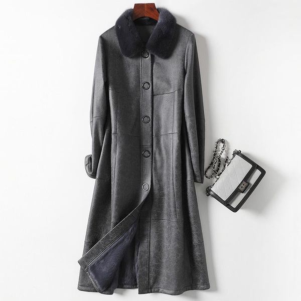 women's fur & faux genuine and leather coat with real mink collar women winter coats long style plus size slim outwear, Black
women's fur & faux genuine and leather coat with real mink collar women winter coats long style plus size slim outwear, Black