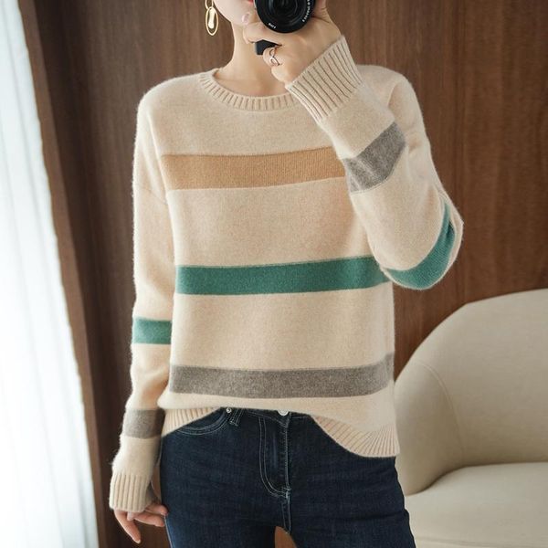 women's sweaters 100% wool cashmere stripe sweater women 2021 color matching knitted long sleeve round neck ladies, White;black
women's sweaters 100% wool cashmere stripe sweater women 2021 color matching knitted long sleeve round neck ladies, White;black