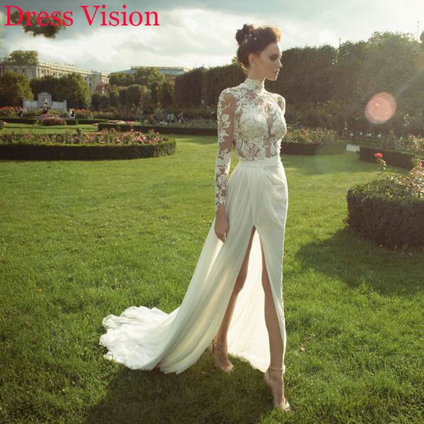 2021 style high oollar lace appliques vestidos novia robe de marie chiffon slit wedding party gowns ea26, White
2021 style high oollar lace appliques vestidos novia robe de marie chiffon slit wedding party gowns ea26, White