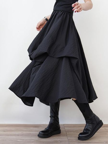 skirts stacked high waist irregular retro slim cake skirt wrinkle design sense 2021a, Black