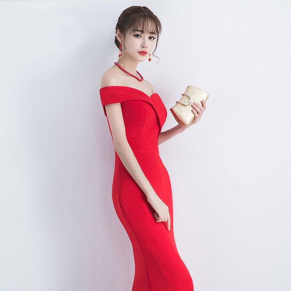 evening 2021 winter red fashion banquet host fishtail toast dr's long style, White
evening 2021 winter red fashion banquet host fishtail toast dr's long style, White