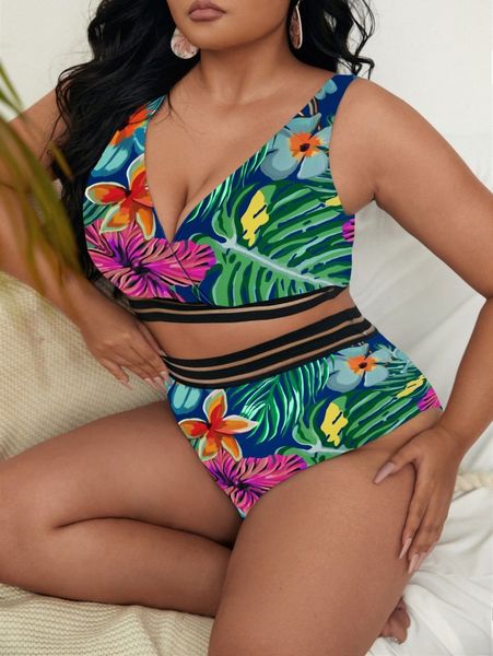plus tropical print contrast mesh bikini swimsuit t9w9#, Black