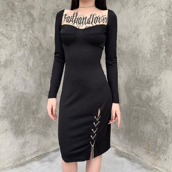 casual dresses knee length for women vintage black long sleeve dress female punk metal chain bandage gothic ropa de mujer 2021, Black;gray
casual dresses knee length for women vintage black long sleeve dress female punk metal chain bandage gothic ropa de mujer 2021, Black;gray