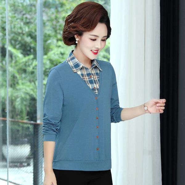 autumn blouse woman blue orange coffee fake 2 pcs middle age women casual plaid patchwork design blouses plus size clothes, White
autumn blouse woman blue orange coffee fake 2 pcs middle age women casual plaid patchwork design blouses plus size clothes, White