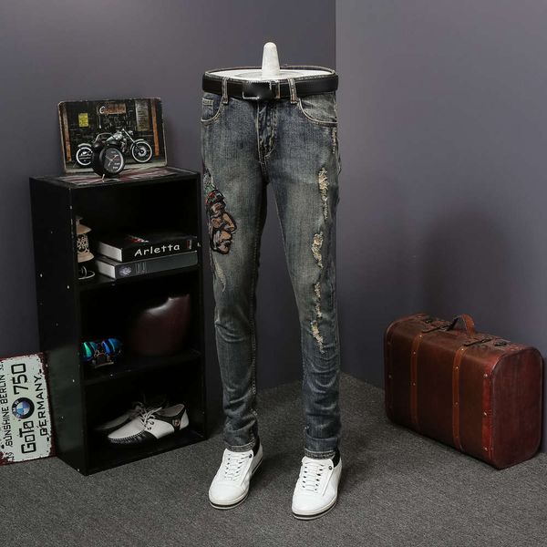 new indian embroidered jeans men's spring and summer personalized stretch pants, Blue