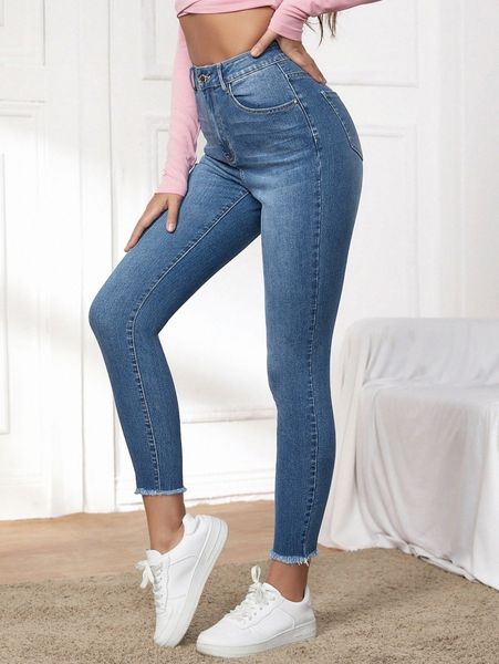 high waist raw hem skinny cropped jeans 20e9#, Blue