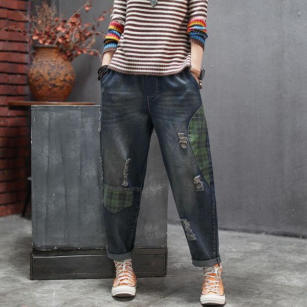 women's jeans spring korea fashion women elastic waist vintage ripped all-matched casual patchwork plaid denim harem pants s718, Blue
women's jeans spring korea fashion women elastic waist vintage ripped all-matched casual patchwork plaid denim harem pants s718, Blue