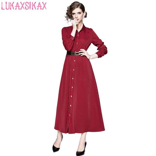 casual dresses 2021 spring autumn women dress runway vertical stripes red shirt elegant slim long send the belt, Black;gray
casual dresses 2021 spring autumn women dress runway vertical stripes red shirt elegant slim long send the belt, Black;gray
