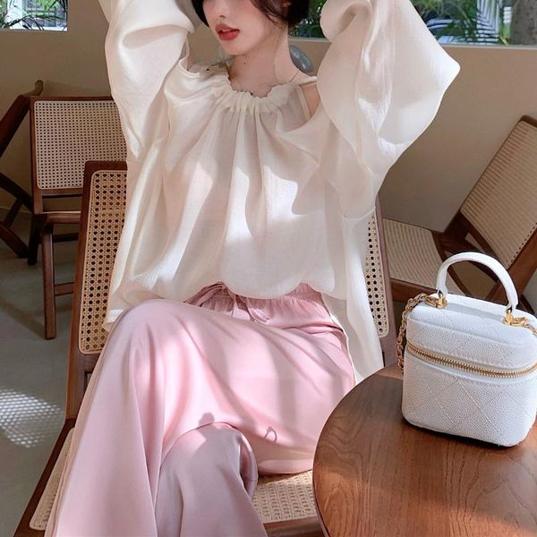 women's two piece pants casual sets summer 2 set women long sleeve halter slightly transparent sunscreen and high waist, White
women's two piece pants casual sets summer 2 set women long sleeve halter slightly transparent sunscreen and high waist, White