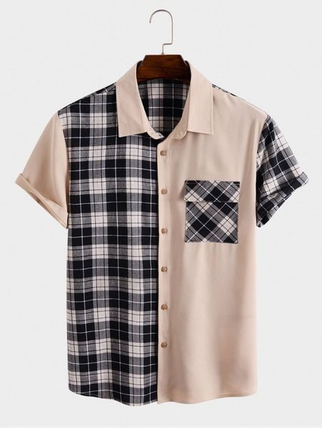 men plaid flap pocket button through shirt 05hq#, White;black
