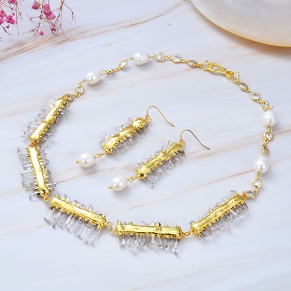 guaiguai jewelry naural clear quartz druzy white rice pearl necklace earrings sets handmade for women, Silver
guaiguai jewelry naural clear quartz druzy white rice pearl necklace earrings sets handmade for women, Silver