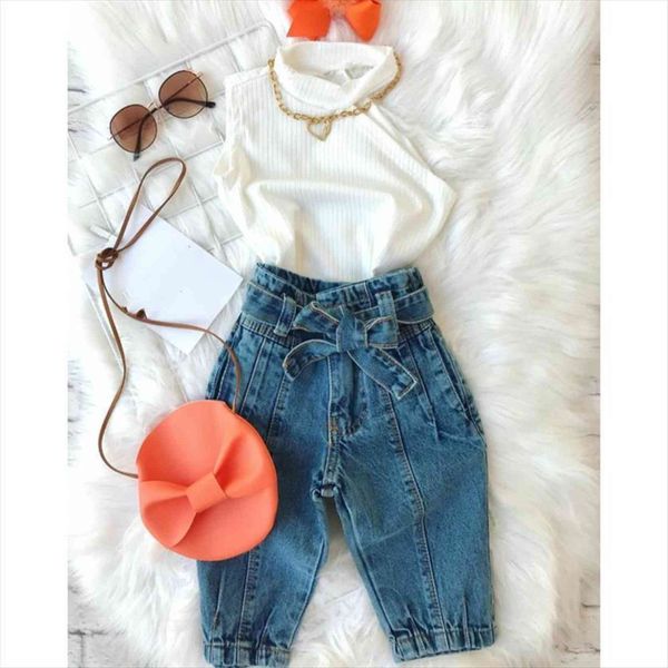 1 6y fashion summer kids girls clothes sets 2pcs off shoulder halter solid hole blue denim pants, White
1 6y fashion summer kids girls clothes sets 2pcs off shoulder halter solid hole blue denim pants, White