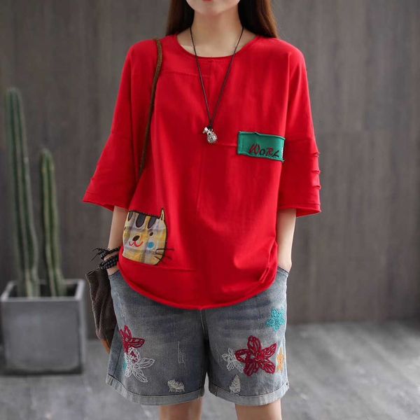 women's t-shirt women summer chic half sleeve cotton cartoon cat patchwork embroidery vintage casual round neck pullover oversize t-shi, White
women's t-shirt women summer chic half sleeve cotton cartoon cat patchwork embroidery vintage casual round neck pullover oversize t-shi, White