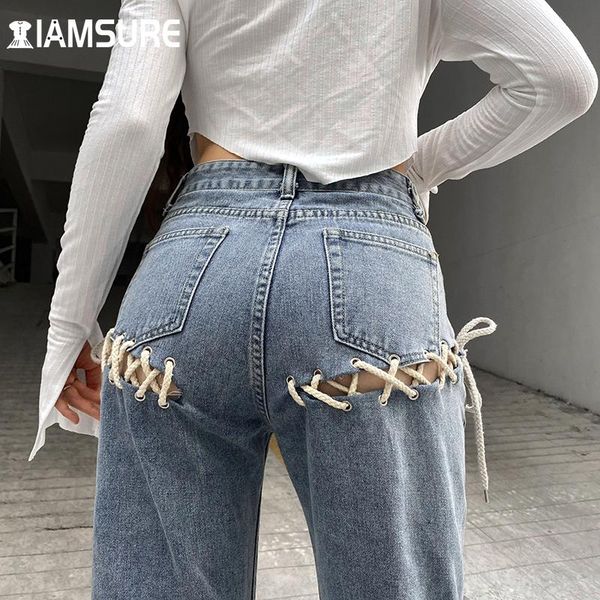 women's jeans iamsure hollow out bandage ripped casual streetwear loose high waisted denim wide leg pants 2021 fashion trousers, Blue
women's jeans iamsure hollow out bandage ripped casual streetwear loose high waisted denim wide leg pants 2021 fashion trousers, Blue