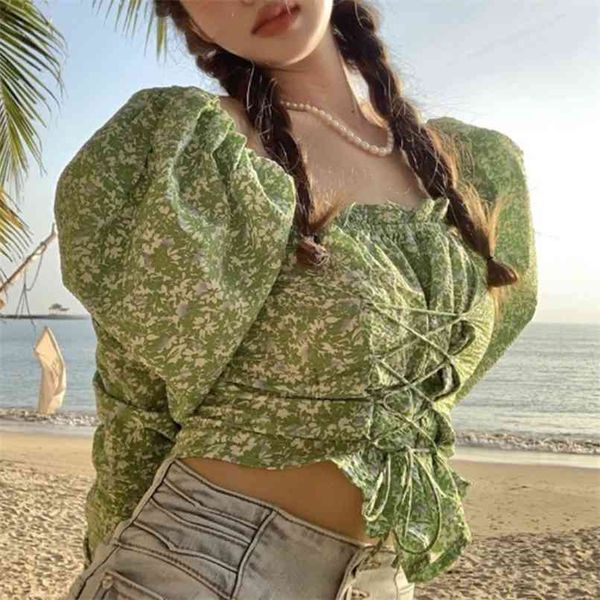 women green print blouse vintage long sleeve lace-up s and blouses shirts blusas roupa feminina 210529, White
women green print blouse vintage long sleeve lace-up s and blouses shirts blusas roupa feminina 210529, White