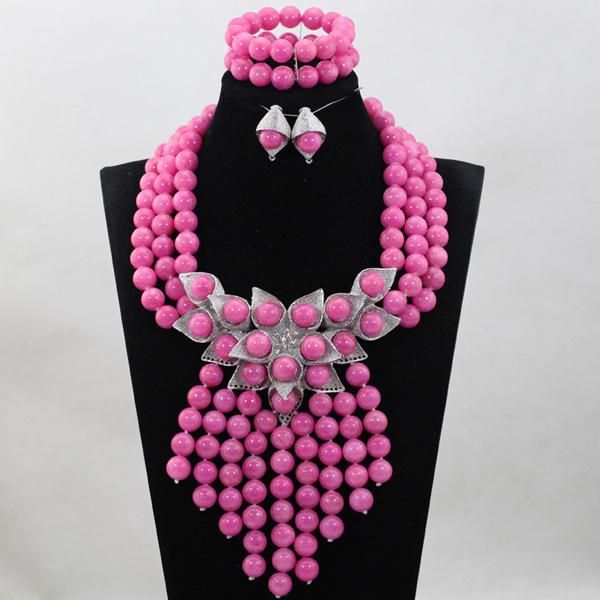 earrings & necklace splendid fuchsia pink african beaded jewelry set wedding bib statement bride gift wd995, Silver
earrings & necklace splendid fuchsia pink african beaded jewelry set wedding bib statement bride gift wd995, Silver