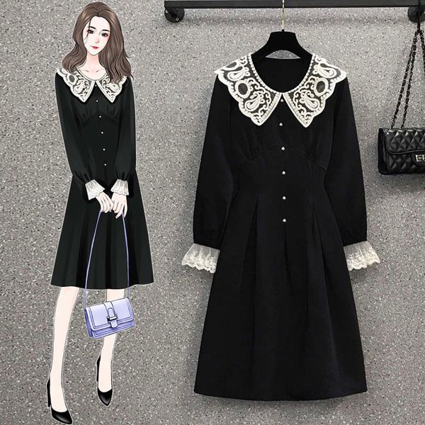 product 2021 spring new french doll lace collar knot waist slim dress, Black;gray
product 2021 spring new french doll lace collar knot waist slim dress, Black;gray
