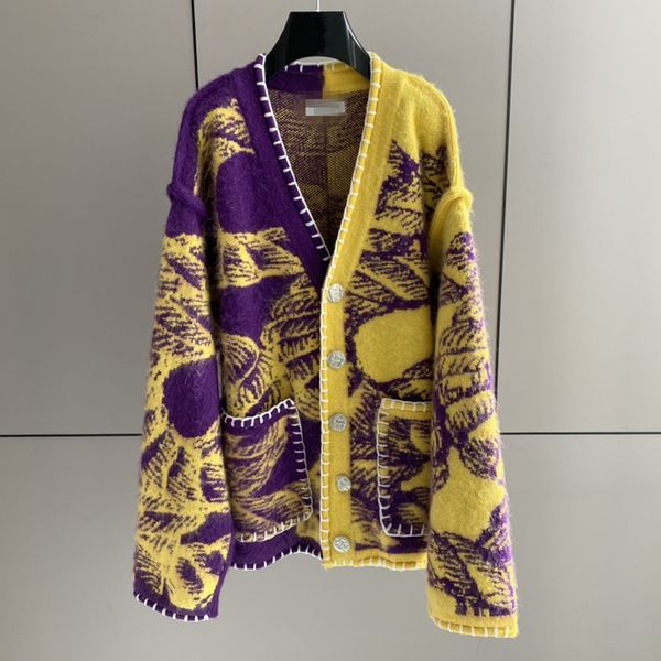 hand stitched mohair wool totem knitted thickened cardigan, White 
hand stitched mohair wool totem knitted thickened cardigan, White