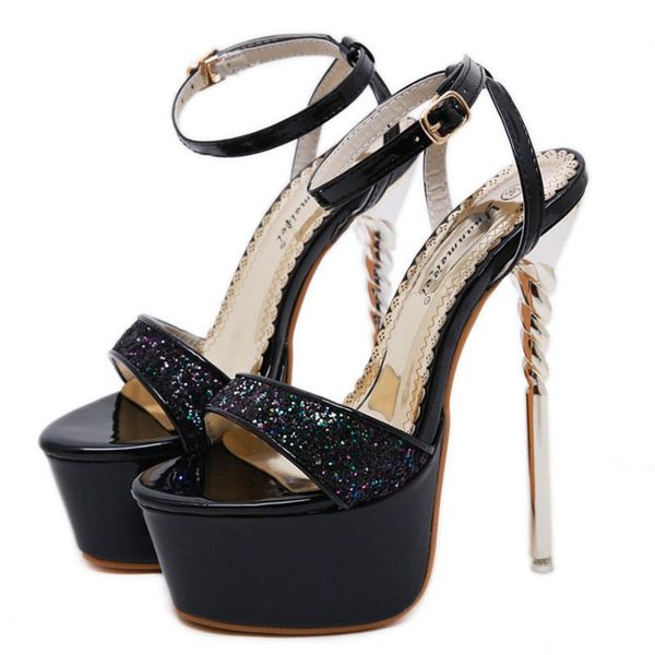 sandals design 16cm high heels women summer sequins open toe platform ladies party buckle patent leather female show shoes, Black
sandals design 16cm high heels women summer sequins open toe platform ladies party buckle patent leather female show shoes, Black