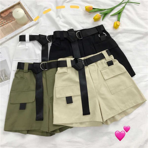 women's loose wide leg harajuku style handsome super overalls pocket shorts send belt 210709, White;black
women's loose wide leg harajuku style handsome super overalls pocket shorts send belt 210709, White;black