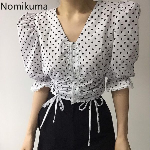 women's blouses & shirts nomikuma 2021 summer korean sweet blouse women drawstring lace up slim waist polka dot female chic blusas muj, White
women's blouses & shirts nomikuma 2021 summer korean sweet blouse women drawstring lace up slim waist polka dot female chic blusas muj, White