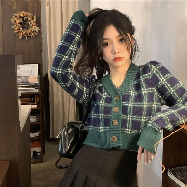 women's knits & tees plaid v-neck sweater clothing autumn long sleeve slim button thin short girl knitted cardigan cropped, White
women's knits & tees plaid v-neck sweater clothing autumn long sleeve slim button thin short girl knitted cardigan cropped, White