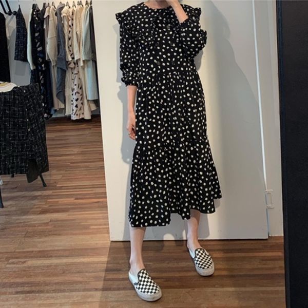 2021 new women dots print maxi pleated female casual loose es chic ankle length vestidos sv14, Black;gray
2021 new women dots print maxi pleated female casual loose es chic ankle length vestidos sv14, Black;gray