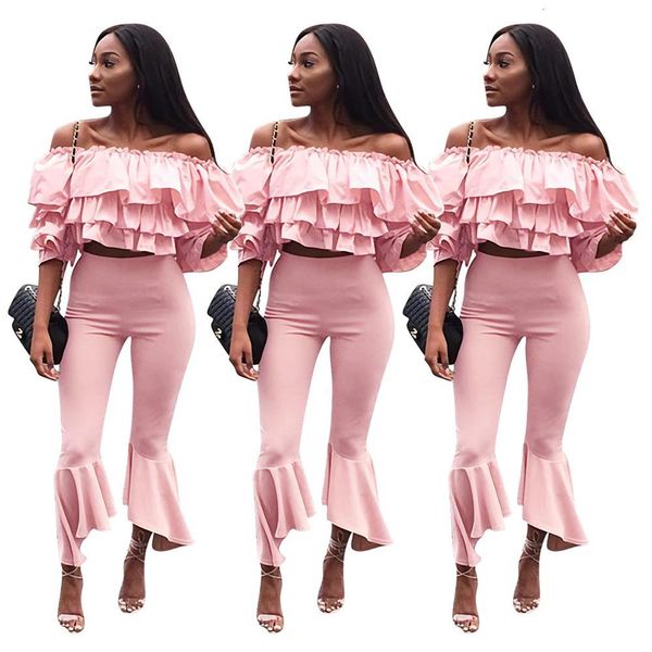 2021 solid color off the shoulder petal sleeves t-shirt ruffles trousers women suit new two piece set 198b, Gray
2021 solid color off the shoulder petal sleeves t-shirt ruffles trousers women suit new two piece set 198b, Gray