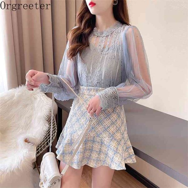 pink/blue/apricot lace patchwork perspective mesh women's shirt with high waist plaid tweed mermaid skirt two piece set outfits 210602, White
pink/blue/apricot lace patchwork perspective mesh women's shirt with high waist plaid tweed mermaid skirt two piece set outfits 210602, White