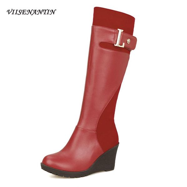 boots round toe wedge stitching suede high-heeled high women's metal decorative belt side zipper casual simple but knee, Black
boots round toe wedge stitching suede high-heeled high women's metal decorative belt side zipper casual simple but knee, Black