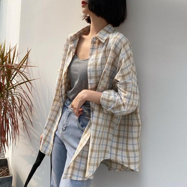 women's blouses & shirts 2021 summer korean long plaid shirt turn down collar loose oversize bf harajuku thin coat women casual sleeve, White
women's blouses & shirts 2021 summer korean long plaid shirt turn down collar loose oversize bf harajuku thin coat women casual sleeve, White