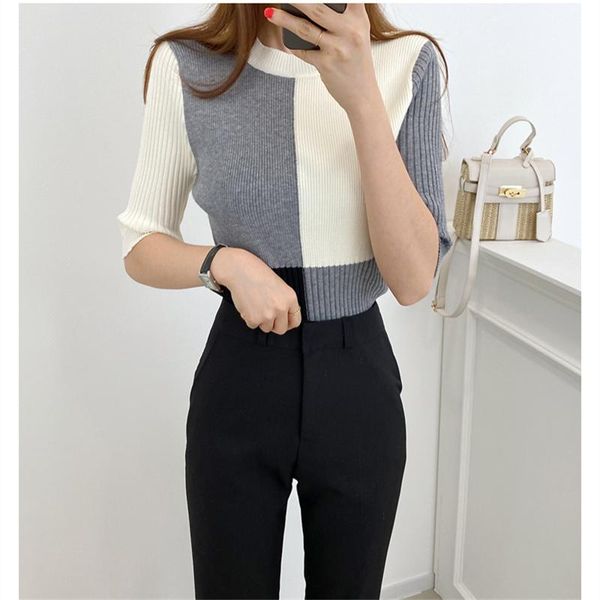 women's sweaters fall korean silm pullover for ladies color-blocking with lattice stitching knitted padded short-sleeved sweater, White;black
women's sweaters fall korean silm pullover for ladies color-blocking with lattice stitching knitted padded short-sleeved sweater, White;black
