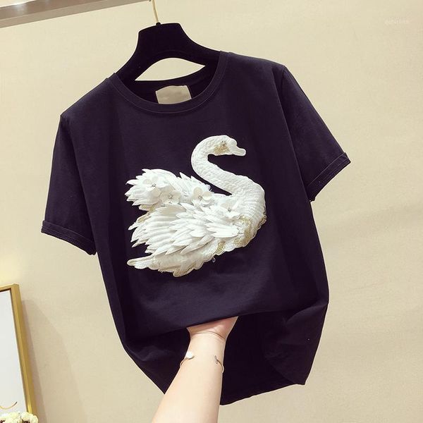 women's t-shirt heavy industry embroidered three-dimensional swan women summer diamond sequins loose tees, White
women's t-shirt heavy industry embroidered three-dimensional swan women summer diamond sequins loose tees, White