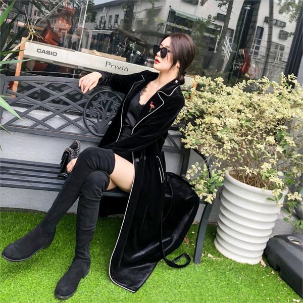women's trench coats velvet coat female temperament of long overcoat, Tan;black