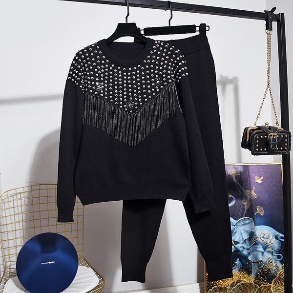 two piece dress spring autumn casual ladies tracksuit outfits knitted set beading chain tassel long sleeve knit sweater pants 2pc women, White 
two piece dress spring autumn casual ladies tracksuit outfits knitted set beading chain tassel long sleeve knit sweater pants 2pc women, White
