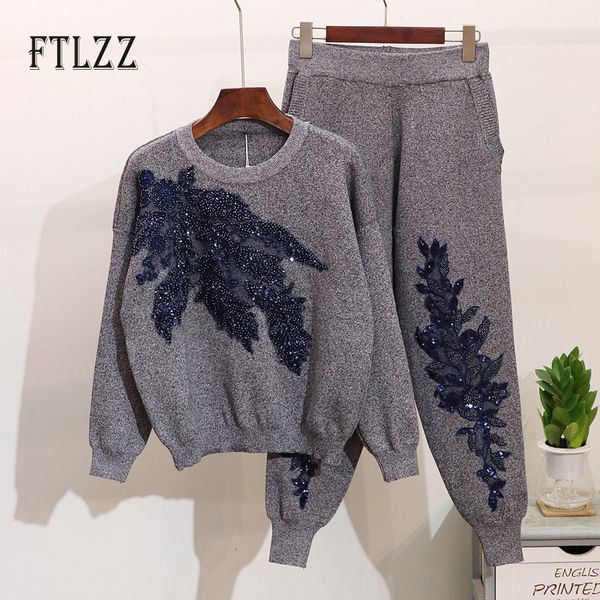 2021 women vintage embroidered sequins two piece set autumn long sleeve sweaters + casual pants outfit woman knitted tracksuit tvg8, Gray 
2021 women vintage embroidered sequins two piece set autumn long sleeve sweaters + casual pants outfit woman knitted tracksuit tvg8, Gray