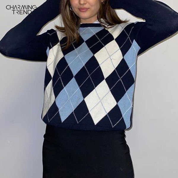 british style sweater women autumn diamond-shaped lattice long sleeves knitted pullover sweater plaid sweater ladies 210702, White;black
british style sweater women autumn diamond-shaped lattice long sleeves knitted pullover sweater plaid sweater ladies 210702, White;black
