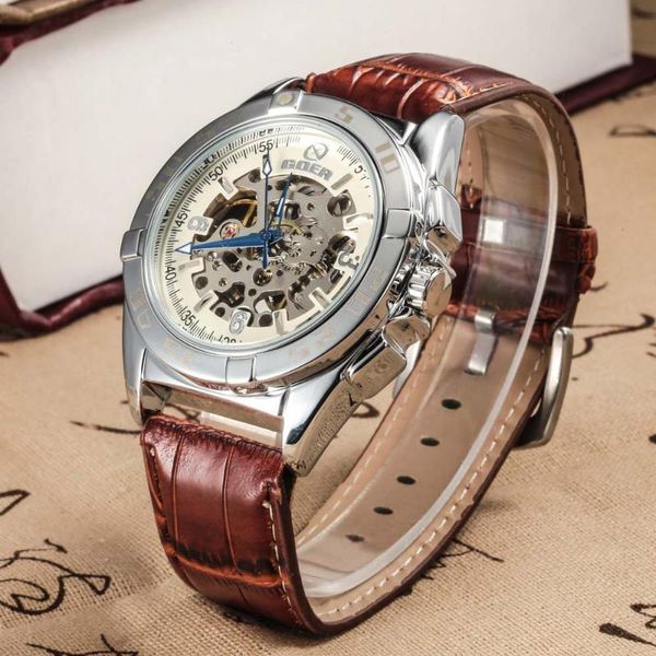 wristwatches fashion men watches goer leather strap automatic mechanical skeleton zegarek meski reloj, Slivery;brown
wristwatches fashion men watches goer leather strap automatic mechanical skeleton zegarek meski reloj, Slivery;brown