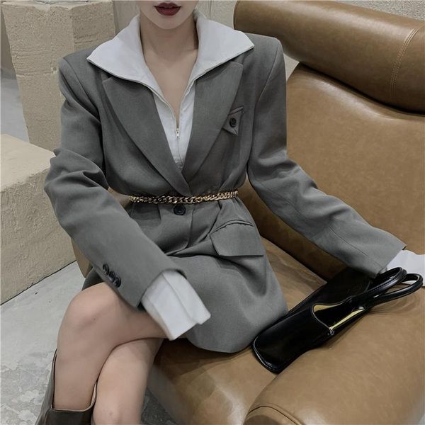 women's suits & blazers korean women mid-length casual gray blazer plus sashes spring autumn 2021 female loose notched collar long slee, White;black
women's suits & blazers korean women mid-length casual gray blazer plus sashes spring autumn 2021 female loose notched collar long slee, White;black