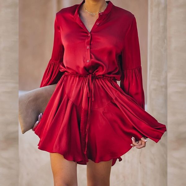 long sleeve vintage women shirt dress spring summer drawstring a line mini elegant ladies office es party 210603, Black;gray
long sleeve vintage women shirt dress spring summer drawstring a line mini elegant ladies office es party 210603, Black;gray