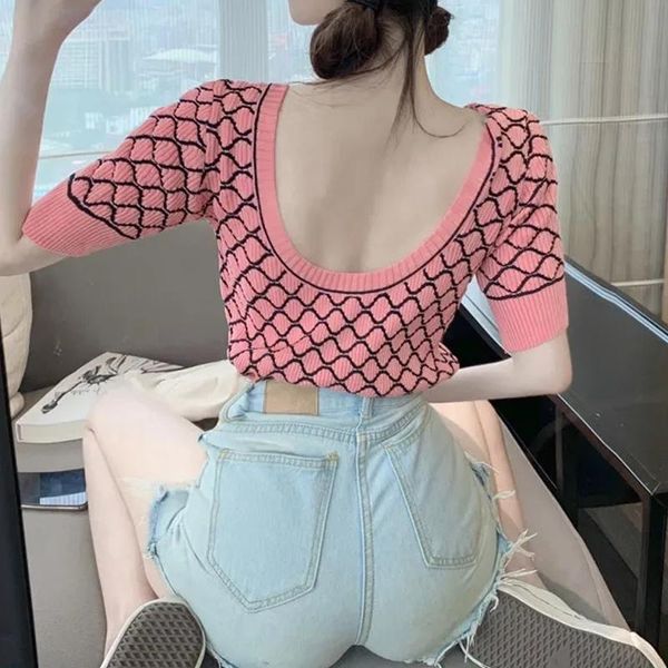 women's t-shirt t shirts women short sleeve diamond check knitted tshirt summer fashion ice silk knitwear female backless pullovers te, White
women's t-shirt t shirts women short sleeve diamond check knitted tshirt summer fashion ice silk knitwear female backless pullovers te, White