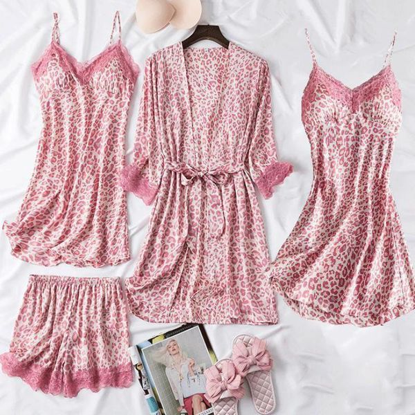 female print leopard 4pcs sleep set loose satin sleepwear casual home wear suits lace trim lady nightwear intimate lingerie, Black;red
female print leopard 4pcs sleep set loose satin sleepwear casual home wear suits lace trim lady nightwear intimate lingerie, Black;red