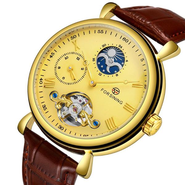 wristwatches forsining dual time zone design golden dial leather band mechanical automatic watch tourbillon waterproof moon phase wristwatch, Slivery;brown
wristwatches forsining dual time zone design golden dial leather band mechanical automatic watch tourbillon waterproof moon phase wristwatch, Slivery;brown