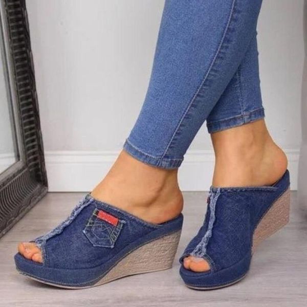 slippers brand women's high heels fashion denim women wedge heel toe platform shoes large size, Black
slippers brand women's high heels fashion denim women wedge heel toe platform shoes large size, Black