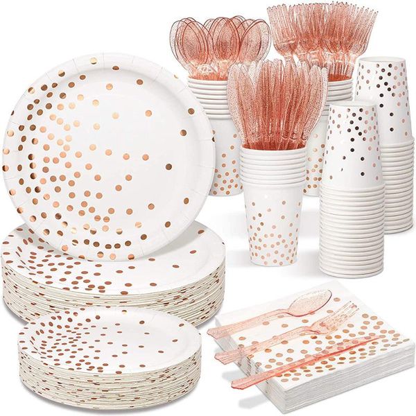 disposable dinnerware white rose gold polka dot paper cup 7/9 inch plate tablecloth towel straw tableware set party supplies
disposable dinnerware white rose gold polka dot paper cup 7/9 inch plate tablecloth towel straw tableware set party supplies