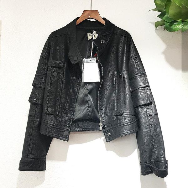 women's leather & faux short jacket 2021 autumn and winter korean style stand-up collar handsome washed pu trend, Black
women's leather & faux short jacket 2021 autumn and winter korean style stand-up collar handsome washed pu trend, Black