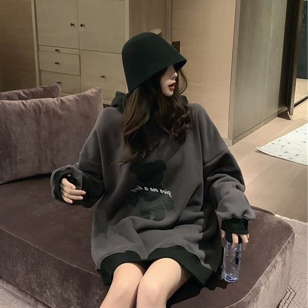 hooded sweater women's early spring plush thin 2021 new grey foreign style medium long street loose, Black
hooded sweater women's early spring plush thin 2021 new grey foreign style medium long street loose, Black