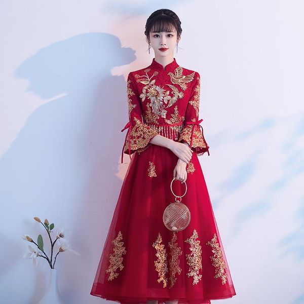 ethnic clothing burgundy embroidery flower-birds mesh cheongsam beads sequins flare sleeve qipao pearl bowknot dresses tassel pregnant vesti, Red
ethnic clothing burgundy embroidery flower-birds mesh cheongsam beads sequins flare sleeve qipao pearl bowknot dresses tassel pregnant vesti, Red